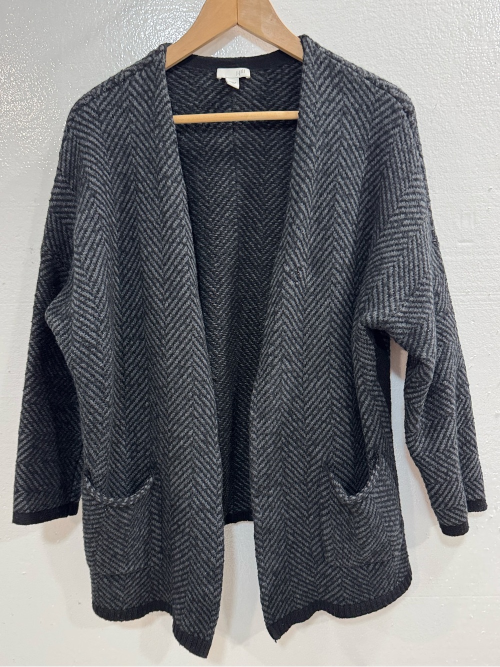 J. Jill Gray Black Herringbone Open Front Cardigan Sweater Wool Blend Pockets L - Picture 2 of 9